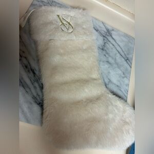Victoria's Secret Cream Faux Fur Holiday Stocking with Gold VS Emblem